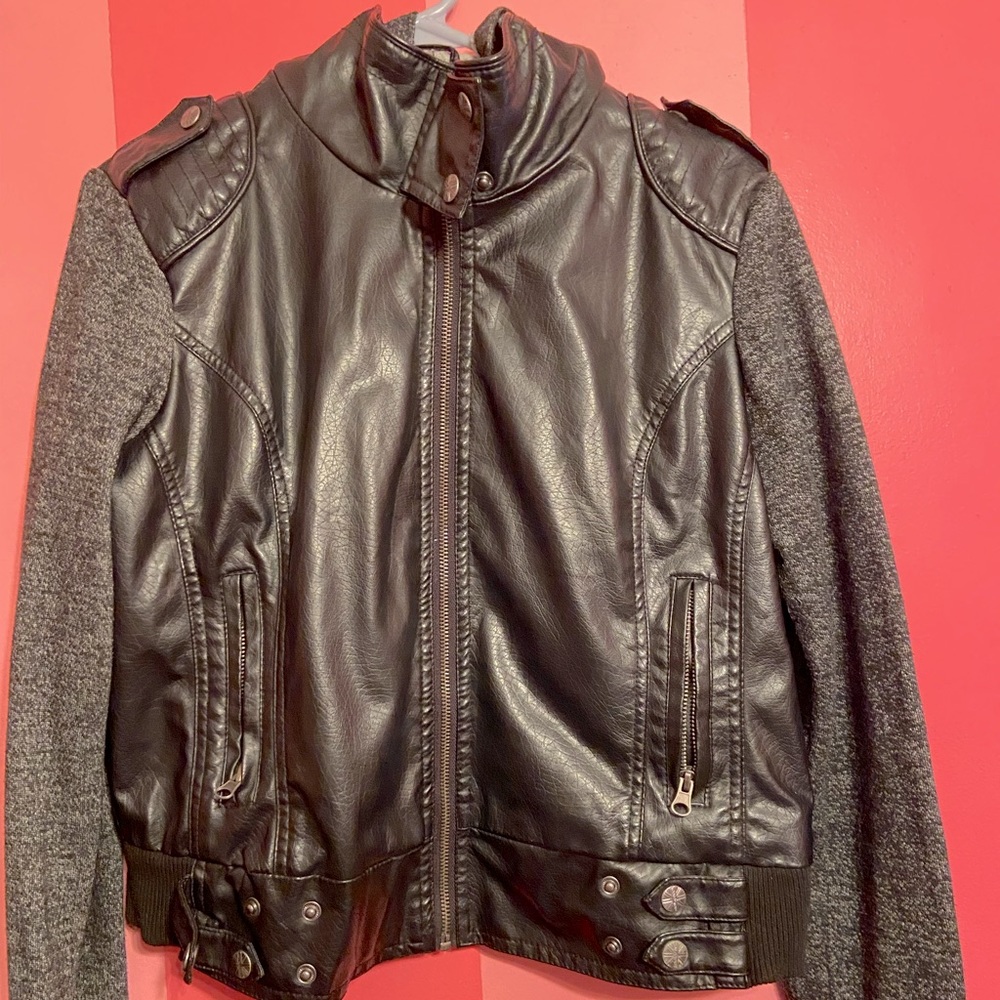 Leather jacket with hood